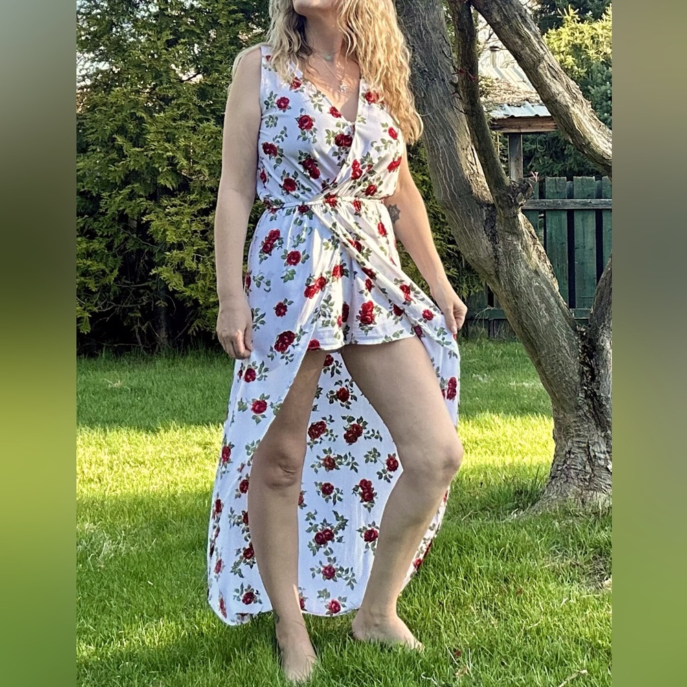 Floral spaghetti strap, jumper with attached skirt - so pretty
